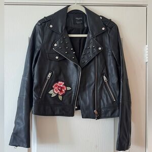 Zara Black Leather Jacket with Rose Embroidery